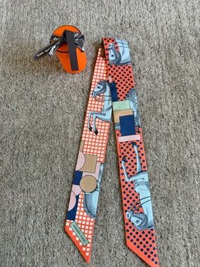 Hermes Orange, Blue & Cream Silk Twilly with Equestrian Motif
